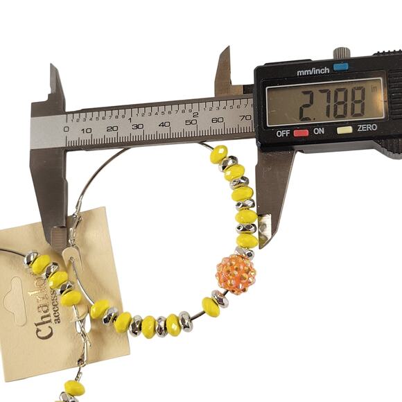 Large Yellow Beaded Hoop Earring 3" Silver Tone Rhinestone Accent Pierced Trendy - Picture 6 of 7